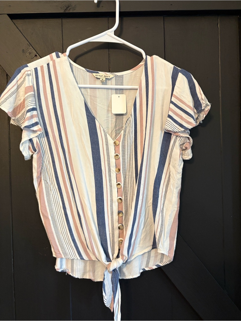 Style Envy Striped Tie-Front Button Blouse in Blue, Blush, Cream, Tan